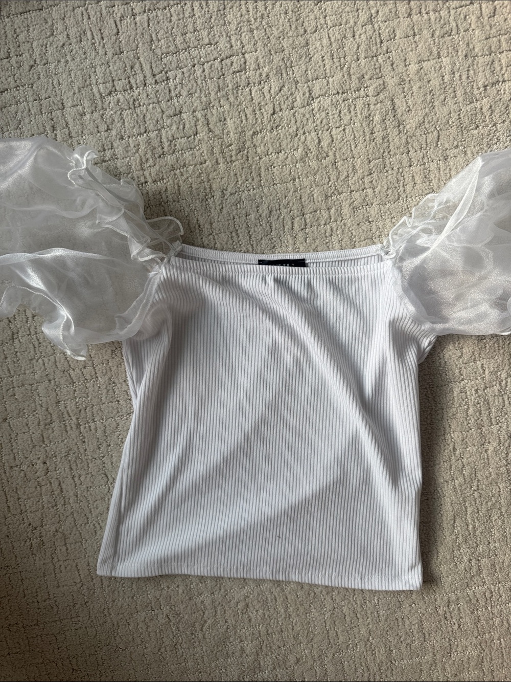 White Off-Shoulder Ribbed Crop Top with Sheer Puff Sleeves